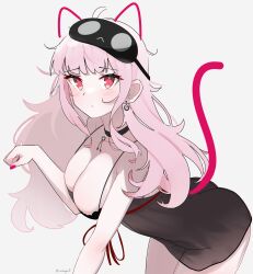 Rule 34 | 1girl, :&lt;, absurdres, animal ears, artist name, ass, bare shoulders, black choker, black mask, black nightgown, blush, breasts, cat ears, cat tail, choker, cleavage, closed mouth, collarbone, commentary, earrings, fingernails, grey background, highres, hololive, hololive english, jewelry, large breasts, leaning forward, long hair, looking at viewer, magui3, mask, mask on head, messy hair, mori calliope, mori calliope (sleepwear), nail polish, nightgown, paw pose, pink eyes, pink hair, pink nails, red ribbon, ribbon, simple background, sketch, skull choker, skull earrings, sleep mask, solo, tail, thighs, twitter username, virtual youtuber