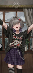 Rule 34 | 1girl, asymmetrical legwear, black gloves, black shirt, black thighhighs, blunt bangs, chain, closed eyes, cloud, cloudy sky, collarbone, contrapposto, copyright request, cowboy shot, dot nose, female focus, gishiki (gshk), gloves, grey curtains, grey hair, hair ornament, head tilt, image sample, indoors, legs apart, lowres, multicolored hair, open mouth, outstretched arms, oversized clothes, oversized shirt, petite, plaid, plaid skirt, purple hair, purple skirt, sample watermark, shirt, short hair, short sleeves, single glove, skirt, skull hair ornament, sky, smile, solo, streaked hair, striped clothes, striped thighhighs, thighhighs, thighs, two-tone hair, watermark, window