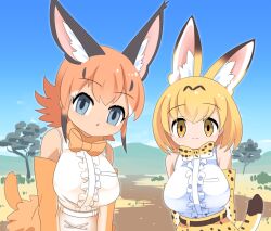 Rule 34 | 2girls, :3, animal ear fluff, animal ears, animal print, blonde hair, blue eyes, blue sky, bow, bowtie, breasts, caracal (kemono friends), cat ears, cat girl, cat tail, center frills, clear sky, closed mouth, commentary request, cowboy shot, day, elbow gloves, empty eyes, frilled shirt, frills, gloves, horizon, kemono friends, large breasts, leopard print, lets0020, looking at viewer, medium bangs, mountainous horizon, multiple girls, open mouth, orange bow, orange bowtie, orange gloves, orange skirt, outdoors, pink hair, print bow, print bowtie, serval (kemono friends), shirt, short hair, sidelocks, skirt, sky, sleeveless, sleeveless shirt, smile, tail, tree, white shirt, yellow eyes, yellow skirt