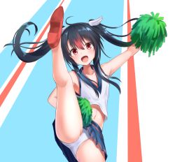 Rule 34 | 1girl, :d, ahoge, akabane hibame, arm up, bare arms, bare shoulders, black hair, cheerleader, commentary request, cowboy shot, head wings, highres, holding, leg up, long hair, miniskirt, multicolored hair, open mouth, original, panties, pleated skirt, pom pom (cheerleading), red eyes, red hair, sidelocks, skirt, smile, solo, standing, standing on one leg, streaked hair, underwear, upskirt, white panties, wings