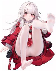 Rule 34 | 1girl, absurdres, ai-assisted, clara (honkai: star rail), feet, highres, honkai: star rail, honkai (series), light blush, long hair, looking at viewer, panties, panties under pantyhose, pantyhose, pantyshot, red eyes, silver hair, soles, toes, underwear, white pantyhose