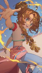 Rule 34 | 1girl, :d, ahoge, blue background, blue eyes, blue pants, braid, brown background, brown hair, clothes around waist, cowboy shot, double bun, fire, from side, hair bun, hair ornament, hairclip, long hair, looking at viewer, midriff, navel, open mouth, outstretched arm, outstretched hand, pants, pyrokinesis, reverse:1999, shirt, short sleeves, smile, solo, spathodea (reverse:1999), t-shirt, takiminada, teeth, twin braids, two-tone background, upper teeth only, white shirt