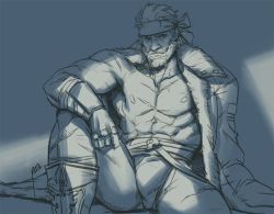 Rule 34 | 1boy, abs, alternate pectoral size, bara, bare pectorals, beard, blue theme, bulge, dark, facial hair, fundoshi, granblue fantasy, headband, jacket, jacket on shoulders, japanese clothes, looking at viewer, male focus, mature male, monochrome, muscular, muscular male, nick300, nipples, old, old man, pectorals, scar, scar on chest, scar on leg, shaded face, short hair, solo, soriz, spread legs, stomach, thighs, wrinkled skin