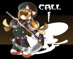 Rule 34 | 1girl, beret, braid, brown eyes, brown hair, call (mighty no. 9), call i, character name, dress, green eyes, hat, highres, joints, long hair, mighty no. 9, multicolored eyes, robot, robot joints, scythe, shoutaro saito, solo, twin braids, weapon