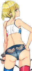 Rule 34 | 1boy, ass, blonde hair, bulge, coin rand, earrings, elf, green hair, jewelry, jitome, looking back, male focus, pointy ears, short hair, short shorts, shorts, shoulder blades, skindentation, solo, thighhighs, trap