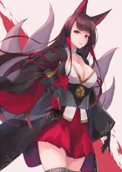 Rule 34 | 1girl, akagi (azur lane), animal ears, azur lane, bad id, bad pixiv id, black gloves, black kimono, blunt bangs, breasts, brown hair, cleavage, cleavage cutout, clothing cutout, cowboy shot, foreshortening, fox ears, fox tail, gloves, grey thighhighs, highres, holding, japanese clothes, kimono, kitsune, kou v05first, large breasts, long hair, long sleeves, looking at viewer, multiple tails, open clothes, open kimono, parted lips, partially fingerless gloves, pink background, red eyes, red skirt, sash, sidelocks, simple background, skirt, solo, standing, tail, thighhighs, underbust, very long hair, white background, wide sleeves, zettai ryouiki