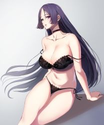 Rule 34 | 1girl, bad id, bad pixiv id, bare shoulders, black bra, black panties, blush, bra, breasts, chirang, cleavage, collarbone, fate/grand order, fate (series), gradient background, grey background, highres, lace, lace-trimmed bra, lace-trimmed panties, lace trim, large breasts, long hair, looking at viewer, minamoto no raikou (fate), navel, open mouth, panties, parted bangs, parted lips, purple eyes, purple hair, solo, strap slip, thighs, underwear, very long hair