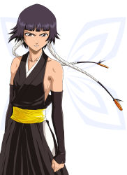 Rule 34 | 00s, 1girl, absurdres, angry, black hair, bleach, blue hair, blunt bangs, breasts, collarbone, detached sleeves, female focus, gloves, grey eyes, hakama, hakama skirt, highres, japanese clothes, looking at viewer, short hair, short hair with long locks, sideboob, simple background, skirt, small breasts, solo, standing, sui-feng, teeth, tsurime, twintails, vector trace, white background, wings