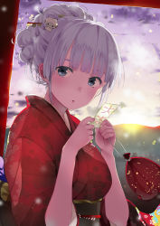 Rule 34 | 1girl, blue eyes, cloud, hair ornament, hair stick, hareno chiame, japanese clothes, kimono, light particles, looking at viewer, new year, obi, ofuda, omikuji, original, pouch, sash, sheep, short hair, silver hair, sky, solo, torii, updo, upper body