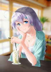 Rule 34 | 1girl, ahoge, aqua cardigan, blue eyes, blurry, blurry background, blush, braid, breasts, cardigan, casual, cleavage, clover earrings, clover hair ornament, clover necklace, collarbone, day, dress, drinking straw, earrings, elbow rest, gotointhepark, hair between eyes, hair ornament, head on hand, head rest, head tilt, holding, holding drinking straw, honkai (series), honkai impact 3rd, indoors, jewelry, kiana kaslana, long hair, looking at viewer, medium breasts, necklace, open cardigan, open clothes, sidelocks, silver hair, smile, solo, teal cardigan, turquoise (gemstone), twin braids, very long hair, white dress
