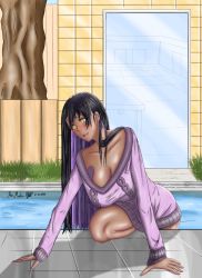 Rule 34 | black hair, breasts, cleavage, dark skin, glass door, grass, highres, kenmaster17, large breasts, legs, non-web source, open mouth, original, pool, tree, yellow eyes