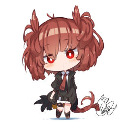 Rule 34 | 1girl, arknights, beni shake, black jacket, black skirt, blush, boots, brown footwear, brown hair, brown necktie, chibi, closed mouth, collared shirt, commentary request, fiammetta (arknights), full body, head tilt, jacket, knee boots, looking at viewer, necktie, open clothes, open jacket, red eyes, shadow, shirt, signature, simple background, skirt, solo, standing, tail, white background, white shirt