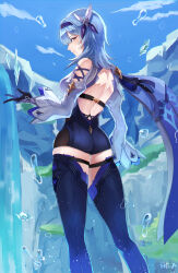 Rule 34 | 1girl, absurdres, ass, backless leotard, black footwear, black hairband, black leotard, blue hair, blue sky, boots, breasts, butterfly hair ornament, cape, cliff, closed mouth, clothing cutout, detached sleeves, eula (genshin impact), from behind, genshin impact, gloves, gradient eyes, hair ornament, hairband, highres, ice, leotard, looking at viewer, looking back, medium breasts, medium hair, multicolored clothes, multicolored eyes, multicolored gloves, outdoors, profile, sakuraba taku, signature, sky, solo, thigh boots, water, water drop, waterfall, white sleeves, yellow eyes