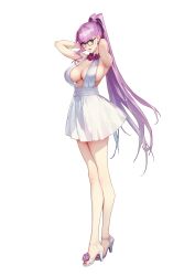 Rule 34 | 1girl, absurdres, aqua eyes, arms up, black-framed eyewear, breasts, commentary request, dress, earrings, frills, full body, glasses, high heels, highres, jewelry, large breasts, lips, lipstick, long hair, looking at viewer, makeup, nijisanji, ponytail, purple hair, rekaerb maerd, sandals, shiki (virtuareal), shiny skin, short dress, simple background, sleeveless, sleeveless dress, smile, solo, standing, toeless footwear, toes, transparent background, virtual youtuber, virtuareal, white dress, white footwear