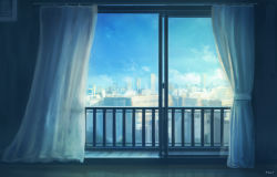 Rule 34 | building, city, cloud, curtains, day, door, feel (nasitaki), glass door, no humans, reflection, scenery, signature, sky