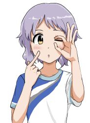 Rule 34 | 1girl, :o, age1fullgrandpa, blush, commentary request, finger to cheek, hand up, highres, idolmaster, idolmaster million live!, idolmaster million live! theater days, lesson wear (idolmaster million live!), looking at viewer, makabe mizuki, one eye closed, print shirt, purple hair, shirt, short hair, short sleeves, sidelocks, simple background, solo, upper body, white background, white shirt, wink, yellow eyes