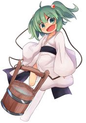 Rule 34 | 1girl, absurdres, amakoke, bad id, bad pixiv id, bucket, fang, green eyes, green hair, hair bobbles, hair ornament, highres, japanese clothes, kimono, kisume, kneehighs, long sleeves, looking at viewer, matching hair/eyes, open mouth, rope, sash, simple background, smile, socks, solo, touhou, twintails, water, white background, white socks, wide sleeves, yukata