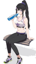 Rule 34 | 1girl, absurdres, arm support, bare shoulders, black hair, black pants, blue archive, bottle, breasts, cleavage, collarbone, commentary request, commission, drinking, flower, full body, groin, hair flower, hair ornament, hair scrunchie, highres, holding, holding bottle, long hair, looking at viewer, medium breasts, midriff, navel, no halo, pants, ponytail, purple eyes, purple scrunchie, scrunchie, shadow, shimerike yakisoba, shoes, sidelocks, simple background, sitting, skeb commission, sneakers, solo, sports bra, sumire (blue archive), sweat, very long hair, water bottle, white background, white footwear, white sports bra, yoga pants