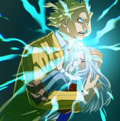 Rule 34 | 1boy, 1girl, all might, alternate universe, artist name, blonde hair, boku no hero academia, brown footwear, closed eyes, collared shirt, dress, eri (boku no hero academia), gradient background, grey hair, highres, horns, jacket, light, long hair, long sleeves, medium hair, open clothes, open jacket, open mouth, pants, red dress, shirt, shirt tucked in, shoes, single horn, striped clothes, striped jacket, teeth, trevo (trevoshere), upper teeth only, white shirt, yagi toshinori, yellow jacket
