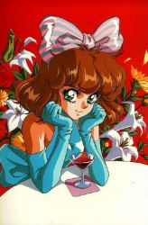 Rule 34 | 1girl, alcohol, blue dress, blue gloves, bow, brown hair, head rest, cup, dress, drinking glass, easter lily, elbow gloves, flat chest, flower, gloves, green eyes, hair bow, jpeg artifacts, lily (flower), looking at viewer, mon mon, red background, retro artstyle, short hair, sleeveless, smile, solo, striped, striped bow, sunflower, table, white flower, wine, wine glass
