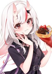 Rule 34 | 1girl, :3, blush, casual, commentary, food, food wrapper, fruit, hand on own cheek, hand on own face, highres, hololive, horns, ice cream crepe, long hair, looking at viewer, multicolored hair, nakiri ayame, red eyes, red hair, shiro hebi rei, simple background, skin-covered horns, solo, strawberry, streaked hair, symbol-only commentary, upper body, virtual youtuber, white background, white hair