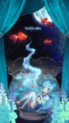 Rule 34 | 1girl, blue hair, bottle miku, character name, curtains, fish, fishbowl, floating hair, full moon, green eyes, hair ribbon, hatsune miku, highres, lelouna, long hair, moon, own hands clasped, own hands together, ribbon, school uniform, serafuku, skirt, sky, solo, star (sky), starry sky, submerged, thighhighs, twintails, very long hair, vocaloid, water