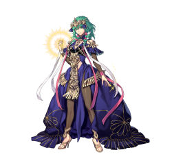 Rule 34 | 1girl, absurdres, blue dress, braid, breasts, byleth (female) (fire emblem), byleth (fire emblem), clenched hand, closed mouth, commentary request, dress, fire emblem, fire emblem: three houses, fire emblem heroes, fujisaka kimihiko, full body, gold trim, green eyes, green hair, hair ornament, hand up, high heels, highres, jewelry, loincloth, long dress, long hair, looking at viewer, medium breasts, nintendo, pantyhose, pelvic curtain, simple background, solo, sparkle, standing, tiara, toeless footwear, twin braids, twintails, white background