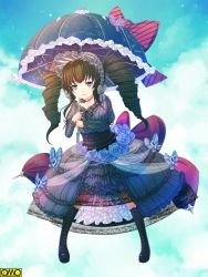 Rule 34 | 1girl, ayachi pbw, black dress, black footwear, blue bow, blue eyes, blue flower, blue sky, bonnet, boots, bow, cloud, dress, dress bow, dress flower, drill hair, flower, frills, full body, glorious drive, gothic lolita, holding, holding umbrella, lolita fashion, long hair, long sleeves, looking at viewer, official art, parasol, puffy long sleeves, puffy sleeves, sky, solo, standing, twin drills, umbrella, umbrella bow