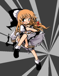 Rule 34 | 1girl, :o, apron, black dress, blonde hair, braid, broom, broom riding, brown hair, dress, embellished costume, female focus, full body, hat, kirisame marisa, neki-t, open mouth, puffy short sleeves, puffy sleeves, short sleeves, simple background, single braid, solo, touhou, two-tone background, waist apron, witch hat