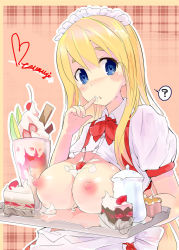 Rule 34 | 1girl, :o, ?, between breasts, blonde hair, blue eyes, blush, breast rest, breasts, breasts on tray, breasts out, cake, carried breast rest, carrying, cherry, cream, food, fruit, headdress, heart, k-on!, kotobuki tsumugi, large breasts, long hair, maid headdress, nipples, parfait, puuakachan, solo, tray, waitress