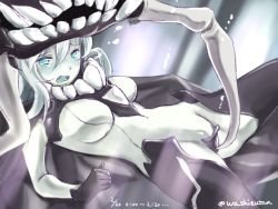 Rule 34 | 10s, 1girl, abyssal ship, black gloves, blue eyes, blush, bodysuit, breasts, cape, gloves, kantai collection, large breasts, pale skin, personification, silver hair, solo, wa (genryusui), wo-class aircraft carrier