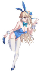 Rule 34 | 1girl, absurdres, animal ears, aqua bow, aqua bowtie, bare shoulders, blonde hair, blue archive, blue eyes, blue footwear, blue hair, blue leotard, blue nails, bow, bowtie, braid, breasts, chinese commentary, closed mouth, collarbone, commentary request, covered navel, detached collar, ederh, fake animal ears, full body, high heels, highres, holding, holding shoes, large breasts, leotard, long hair, looking at viewer, multicolored hair, nail polish, no shoes, official alternate costume, one side up, playboy bunny, rabbit ears, shoes, simple background, solo, strapless, strapless leotard, streaked hair, thighhighs, toki (blue archive), toki (bunny) (blue archive), v, very long hair, white background, white thighhighs, white wrist cuffs, wrist cuffs