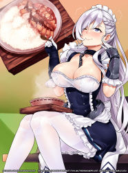 Rule 34 | 1girl, apron, areola slip, arm guards, artist name, azur lane, belfast (azur lane), blue eyes, blush, braid, breasts, chain, cleavage, closed mouth, collar, collarbone, commentary, corset, curry, dress, eating, english commentary, food, foodgasm, french braid, frilled gloves, frills, gloves, happy, head tilt, heart, heart-shaped pupils, highres, large breasts, long hair, looking at viewer, maid, maid headdress, one eye closed, pantyhose, patreon username, sereneandsilent, sidelocks, silver hair, smile, solo, spicy curry, sweat, symbol-shaped pupils, victorian maid, wading, watermark, wavy mouth, web address, white gloves