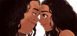 Rule 34 | 1boy, 1girl, brown hair, dark-skinned female, dark-skinned male, dark skin, eye contact, forehead-to-forehead, from side, heads together, hetero, highres, lips, long hair, looking at another, maui (moana), moana (movie), moana waialiki, neck tattoo, noses touching, pano (mohayayamai), smile, tattoo, thick eyebrows, tribal tattoo, wavy hair, white background