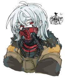 Rule 34 | 1other, androgynous, animal, animal on head, animification, apex legends, bird, bird on head, bloodhound (apex legends), brown jacket, cable, chibi, chibi inset, clenched hands, facepaint, fur-trimmed jacket, fur trim, goggles, grey hair, highres, jacket, kzk wanko, medium hair, on head, portrait, rebreather, red eyes, sketch, solo focus, white background