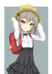 Rule 34 | 1girl, arms up, backpack, bag, bag charm, black bow, black skirt, boko (girls und panzer), bow, breasts, brown eyes, brown hair, charm (object), collared shirt, commentary request, dress shirt, flipper, girls und panzer, grey background, hair between eyes, hair bow, hat, highres, long hair, long sleeves, looking at viewer, pleated skirt, randoseru, shimada arisu, shirt, skirt, small breasts, solo, suspender skirt, suspenders, two-tone background, white background, white shirt, yellow hat