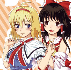 Rule 34 | 2girls, ahoge, alice margatroid, ascot, blonde hair, blue eyes, blush, bow, brown hair, capelet, detached sleeves, dress, hair bow, hair tubes, hairband, hakurei reimu, hand up, hands on another&#039;s shoulders, light smile, looking back, multiple girls, open mouth, puppet rings, ring, short hair, short sleeves, sidelocks, striped, striped background, touhou, upper body, white-aster, yuri