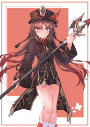 Rule 34 | 1girl, absurdres, black hat, black shirt, black shorts, brown hair, closed mouth, collared shirt, floating hair, flower, genshin impact, gradient hair, hair between eyes, halberd, hat, hat flower, highres, holding, holding weapon, hu tao (genshin impact), long hair, long sleeves, looking at viewer, multicolored hair, polearm, qingdai guanmao, red background, red eyes, shirt, short shorts, shorts, socks, solo, star-shaped pupils, star (symbol), symbol-shaped pupils, tailcoat, thighs, tito-ri, twintails, undershirt, weapon, white background, white socks, wide sleeves