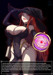 Rule 34 | 1girl, areola slip, black panties, book, breasts, cleavage, elbow gloves, english text, gloves, glowing, glowing eyes, hat, highres, huge breasts, long hair, looking at viewer, magic, merkonig, panties, red eyes, red hair, solo, staff, translated, underwear, witch, witch hat