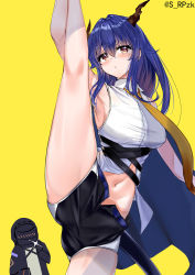 Rule 34 | 1girl, 1other, alternate hairstyle, arknights, arm up, armpits, bare legs, black jacket, black shorts, blue hair, blush, breasts, brown eyes, ch&#039;en (arknights), commentary, doctor (arknights), dragon horns, hair between eyes, hair down, head tilt, highres, hood, hooded jacket, horns, jacket, leg up, looking at viewer, medium breasts, navel, necktie, open fly, resolution mismatch, shirt, short shorts, shorts, simple background, sleeveless, sleeveless shirt, source larger, split, srpzk, standing, standing on one leg, standing split, thighs, white shirt, yellow background, yellow neckwear
