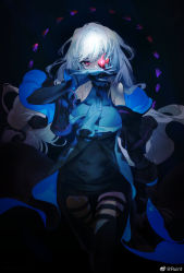 Rule 34 | 1girl, arknights, arm cuffs, ascot, bare shoulders, black ascot, black background, black gloves, black pants, black shirt, blurry, bracelet, breasts, chinese commentary, clothing cutout, commentary, cowboy shot, detached sleeves, elite ii (arknights), fish, gloves, glowing, glowing eyes, hair between eyes, hand up, highres, jewelry, long hair, looking at viewer, low-tied long hair, medium breasts, no headwear, pants, red eyes, ruint, shirt, silver hair, simple background, skadi (arknights), skadi (elite ii) (arknights), solo, thigh cutout, thigh strap, thighs, weibo watermark