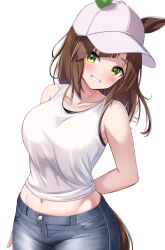 Rule 34 | 1girl, bare arms, bare shoulders, baseball cap, blush, breasts, brown hair, collarbone, commentary request, commission, cowboy shot, crop top, ears through headwear, green eyes, grin, hair down, hat, herohero (higashi no dou), highres, ines fujin (umamusume), large breasts, long hair, looking at viewer, midriff, navel, pants, simple background, skeb commission, smile, solo, standing, tail, tank top, umamusume, white background, white hat, white tank top