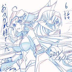 Rule 34 | 2girls, ahoge, back-to-back, breasts, cleavage cutout, clothing cutout, commentary request, dated, grin, h-new, headgear, kazanari tsubasa, large breasts, long hair, looking back, monochrome, multiple girls, navel, senki zesshou symphogear, smile, translation request, very long hair, yukine chris