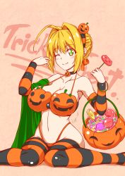 Rule 34 | 1girl, absurdres, ahoge, bare shoulders, bikini, blonde hair, blush, braid, breasts, candy, choker, cigar cat, cleavage, closed mouth, collarbone, detached sleeves, fate/extra, fate (series), food, food-themed hair ornament, french braid, green eyes, hair between eyes, hair bun, hair intakes, hair ornament, hair ribbon, hairband, halloween, highleg, highleg bikini, highres, jack-o&#039;-lantern print, large breasts, lollipop, long hair, looking at viewer, nero claudius (fate), nero claudius (fate) (all), nero claudius (fate/extra), one eye closed, orange bikini, orange ribbon, orange thighhighs, pink background, pumpkin hair ornament, ribbon, sash, single hair bun, sitting, smile, solo, striped clothes, striped thighhighs, swimsuit, thighhighs, thighs, wariza