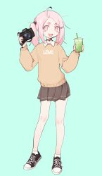 Rule 34 | 1girl, absurdres, ahoge, black choker, blush stickers, brown skirt, brown sweater, camera, choker, commentary, commission, cup, disposable cup, dslr, eds, fang, full body, green background, hair ornament, hairclip, happy (eds), highres, holding, holding camera, holding cup, miniskirt, open mouth, original, pink eyes, pink hair, pleated skirt, shoes, short eyebrows, skirt, smile, sneakers, solo, sweater, thick eyebrows, twintails