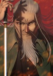 Rule 34 | 1boy, absurdres, beard, blurry, closed mouth, coat, depth of field, facial hair, golden kamuy, green coat, grey hair, highres, hijikata toshizou (golden kamuy), holding, holding sword, holding weapon, katana, light smile, long beard, long hair, looking at viewer, male focus, mature male, portrait, red background, solo, sword, wasabi 0363, weapon, wrinkled skin, yellow eyes