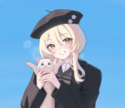 Rule 34 | 1boy, 1girl, alternate costume, animal, animal ears, animal nose, animalization, artist name, baobei (baobei bu), beret, black coat, black hat, blonde hair, blue sky, blush, buttons, cat, cat ears, closed mouth, coat, collared shirt, day, fingernails, flower, genshin impact, grey fur, grey vest, hair between eyes, hands up, hat, hat flower, hat ornament, highres, holding, holding animal, long sleeves, looking at viewer, lumine (genshin impact), lyney (genshin impact), open clothes, open coat, outdoors, purple eyes, shirt, short hair, sidelocks, sky, smile, striped clothes, striped vest, teardrop facial mark, teeth, vest, white shirt, wide sleeves, yellow eyes