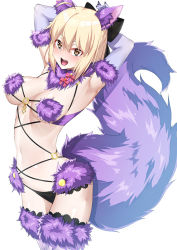 Rule 34 | 1girl, ahoge, animal ears, armpits, arms behind head, arms up, bare shoulders, black bow, blonde hair, blush, bow, breasts, cleavage, cosplay, elbow gloves, fate/grand order, fate (series), fur-trimmed gloves, fur-trimmed legwear, fur collar, fur trim, gloves, hair bow, half updo, kawaruhi, koha-ace, lace, lace-trimmed legwear, lace trim, large breasts, looking at viewer, mash kyrielight, mash kyrielight (dangerous beast), mash kyrielight (dangerous beast) (cosplay), navel, o-ring, official alternate costume, okita souji (fate), okita souji (koha-ace), open mouth, purple gloves, purple legwear, revealing clothes, short hair, smile, solo, tail, wolf ears, wolf tail, yellow eyes