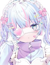 Rule 34 | 1girl, :&lt;, apron, bandaid, bandaid on cheek, bandaid on face, blue eyes, blue hair, blue hairband, blue nails, blue track suit, blunt bangs, bow, chibana sora, closed mouth, eyepatch, hair ornament, hairband, hairclip, halftone, heart, heart eyepatch, highres, light blush, lolita hairband, multicolored eyes, multicolored hair, original, pastel colors, pink bow, pink eyes, pink hair, pink ribbon, ribbon, simple background, track suit, twintails, twintails day, white background, yellow bow, zipper