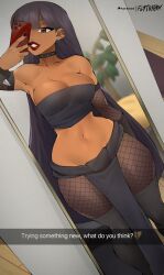Rule 34 | 1girl, black hair, breasts, brown eyes, caption, chel (the road to el dorado), choker, cleavage, collar, earrings, fishnet pantyhose, fishnet sleeves, fishnets, flytrapxx, goth fashion, highres, jewelry, large breasts, long hair, medium breasts, midriff, mirror, pantyhose, phone, selfie, solo, spiked collar, spikes, the road to el dorado, thighhighs